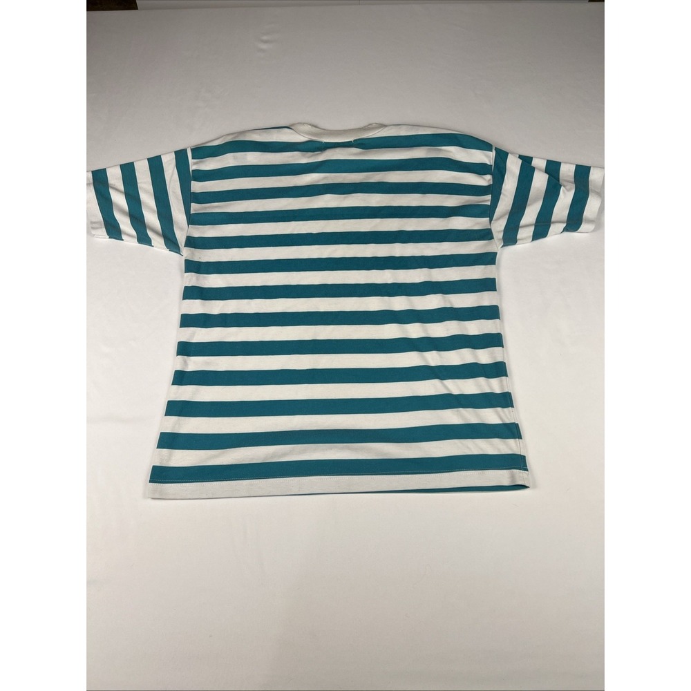 Vintage Exclusive Imports Teal White Striped Floral Embroidered T-Shirt Womens M - Picture 6 of 6